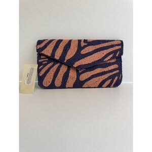 On 34th hand-beaded envelope clutch -navy and coral pink zebra stripe design